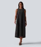 Robe décontractée midi col rond sans manches à rayures dos ajouré avec poches