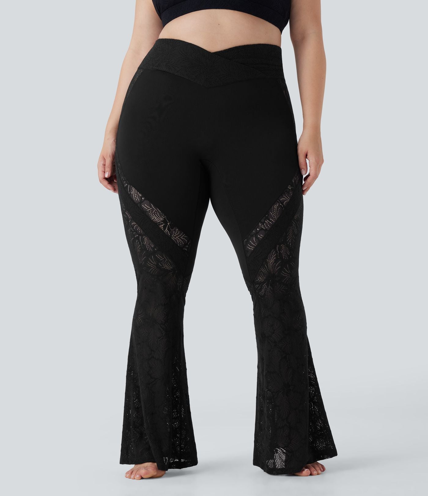 Pantalon de yoga évasé grande taille taille haute croisé dentelle contrastée Softlyzero™ avec poche