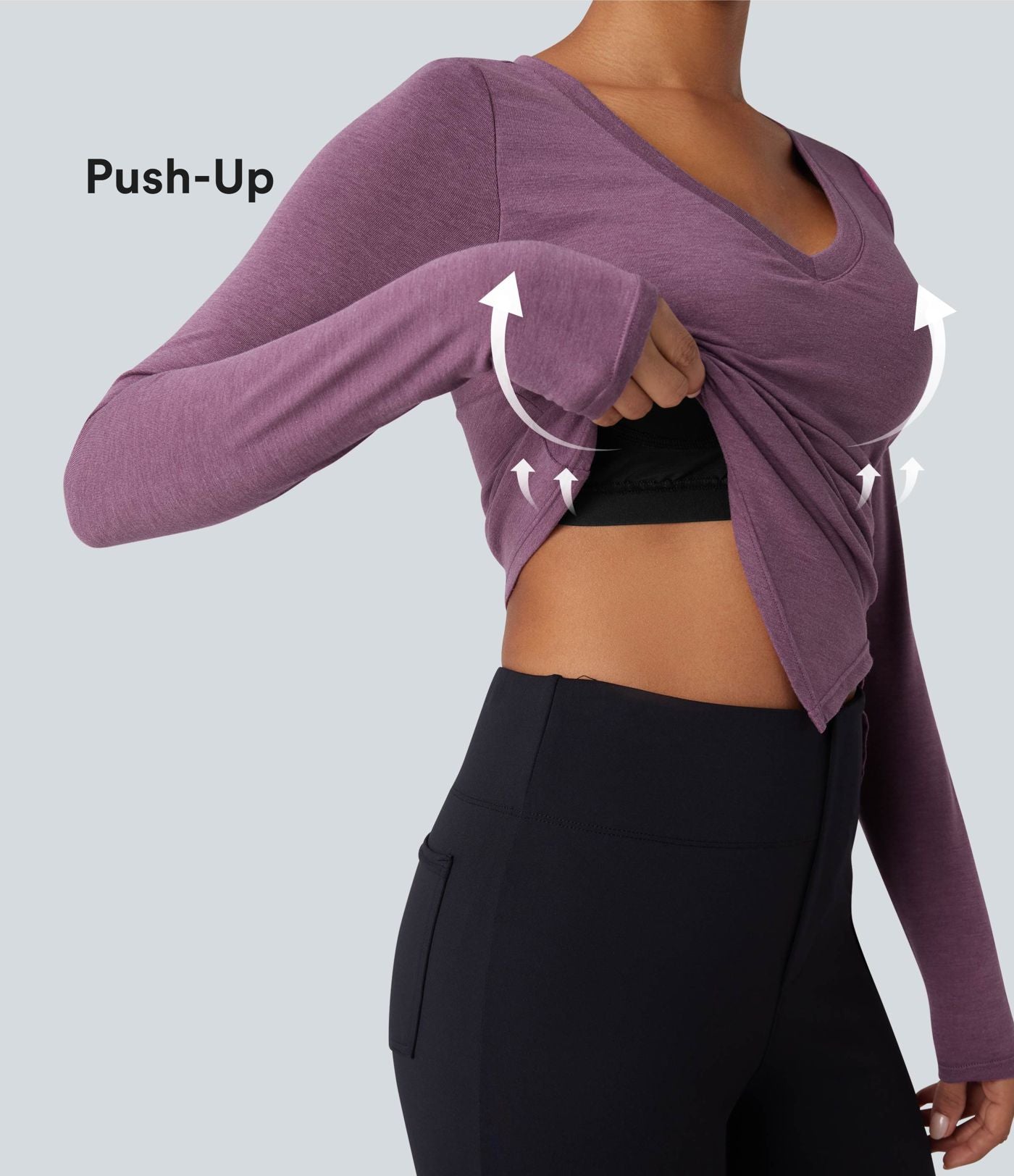 Top casual push-up à col V avec bonnets moulés, manches longues, fronces et ourlet fendu - Bonnet A/B