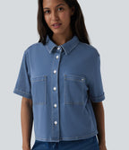 Halara Flex™ Chemise casual à manches courtes en denim lyocell drapé avec poches