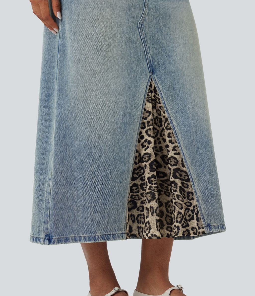 Jupe denim mi-longue Halara Flex™ évasée taille mi-haute mesh léopard contrastant avec poches