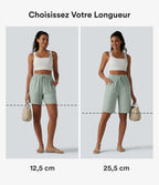 Short décontracté ample en lin mélangé taille haute avec cordon de serrage, 12,5 cm, et poches