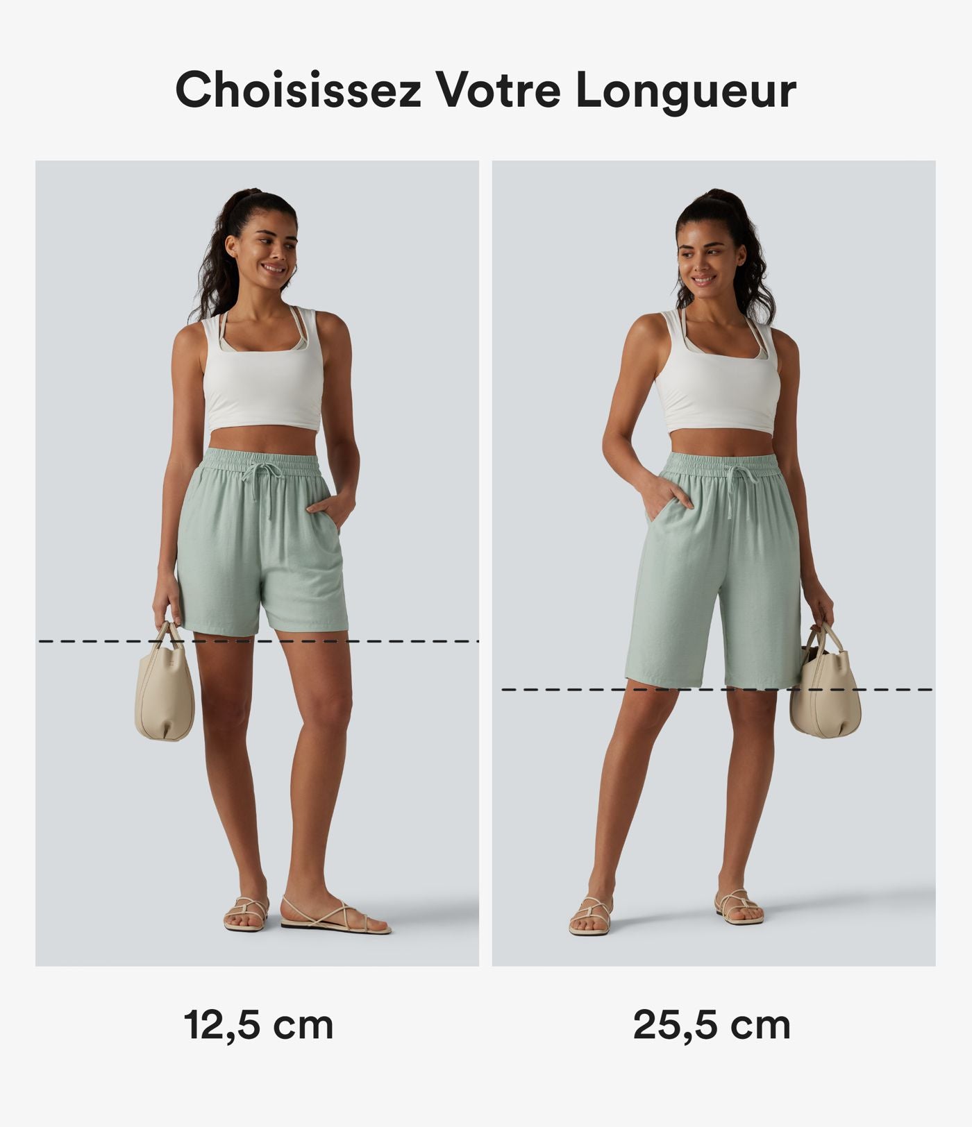 Short décontracté ample en lin mélangé taille haute avec cordon de serrage, 12,5 cm, et poches