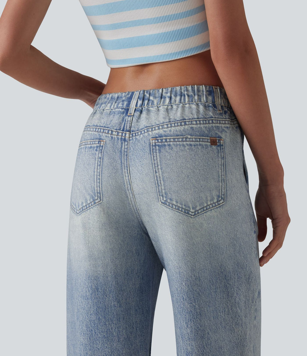 Jogging jean décontracté en molleton French Terry imprimé denim taille mi-haute avec poches