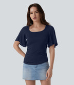 T-shirt décontracté maille côtelée col carré manches papillon froncé