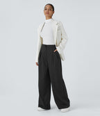 Pantalon Tailleur Large Fluide à Rayures, Taille Haute, Bouton et Fermeture Éclair, Poches Latérales