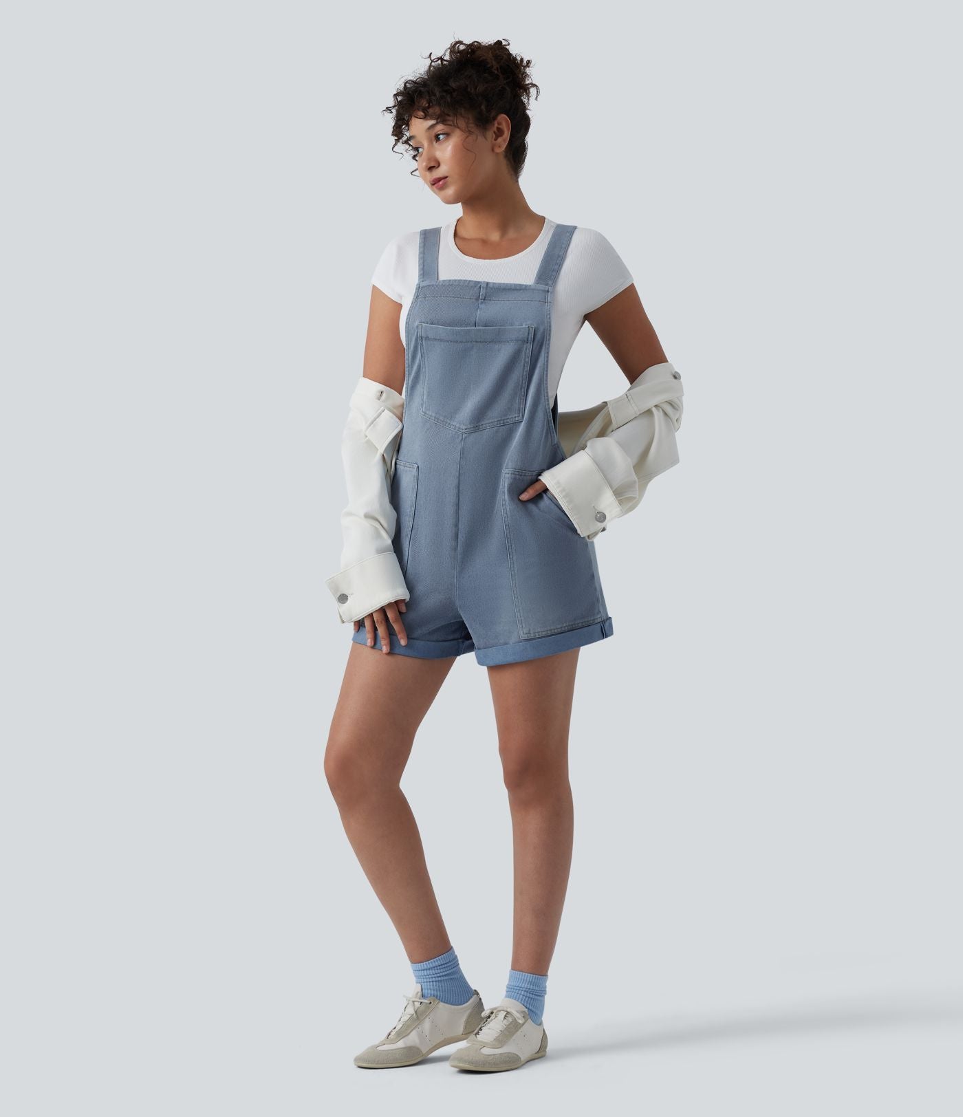 Halara Flex™ Salopette courte en denim encolure carrée ourlet retroussé avec poches