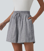Short tailleur large en lin rayé taille haute avec cordon de serrage et poches