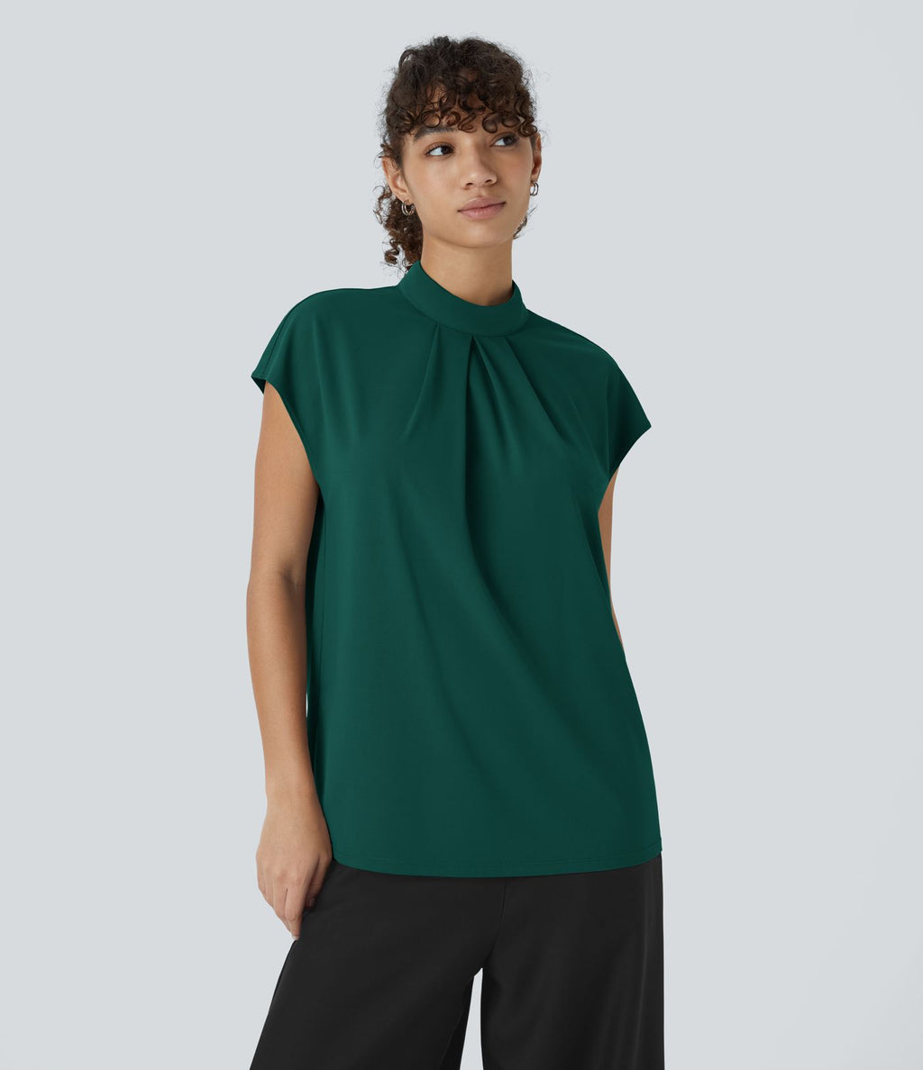 Blouse de Travail à Col Montant Plissée avec Boutons dans le Dos et Manches Courtes