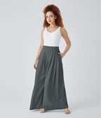 Pantalon décontracté palazzo en maille gaufrée, fluide, large, plissé, taille haute, avec poches