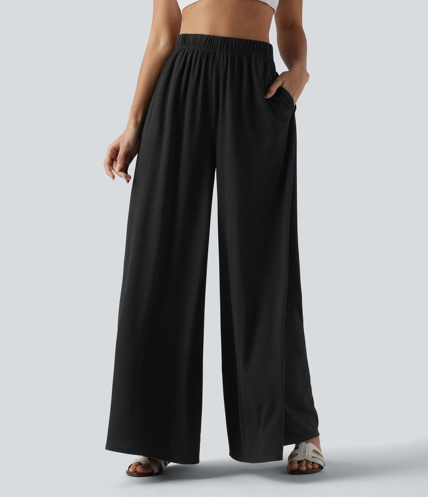 Pantalon large fluide resort taille haute avec poches