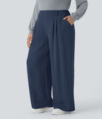 Pantalon décontracté palazzo large effet lin, taille haute, grande taille, avec poches