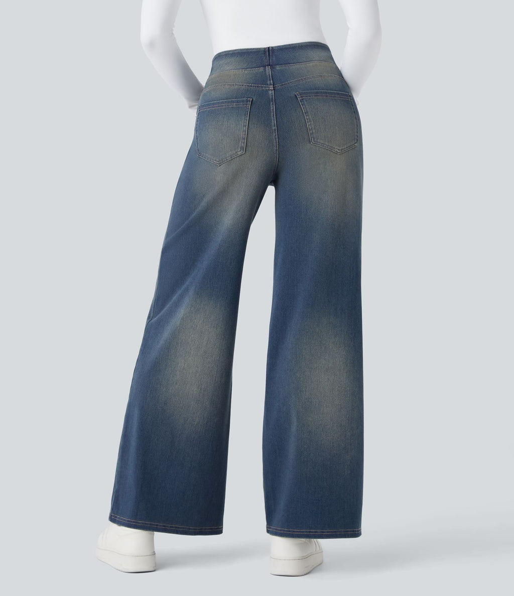 Halara Flex™ Jean Large Casual Taille Haute Poches Multiples Tricot Extensible Délavé