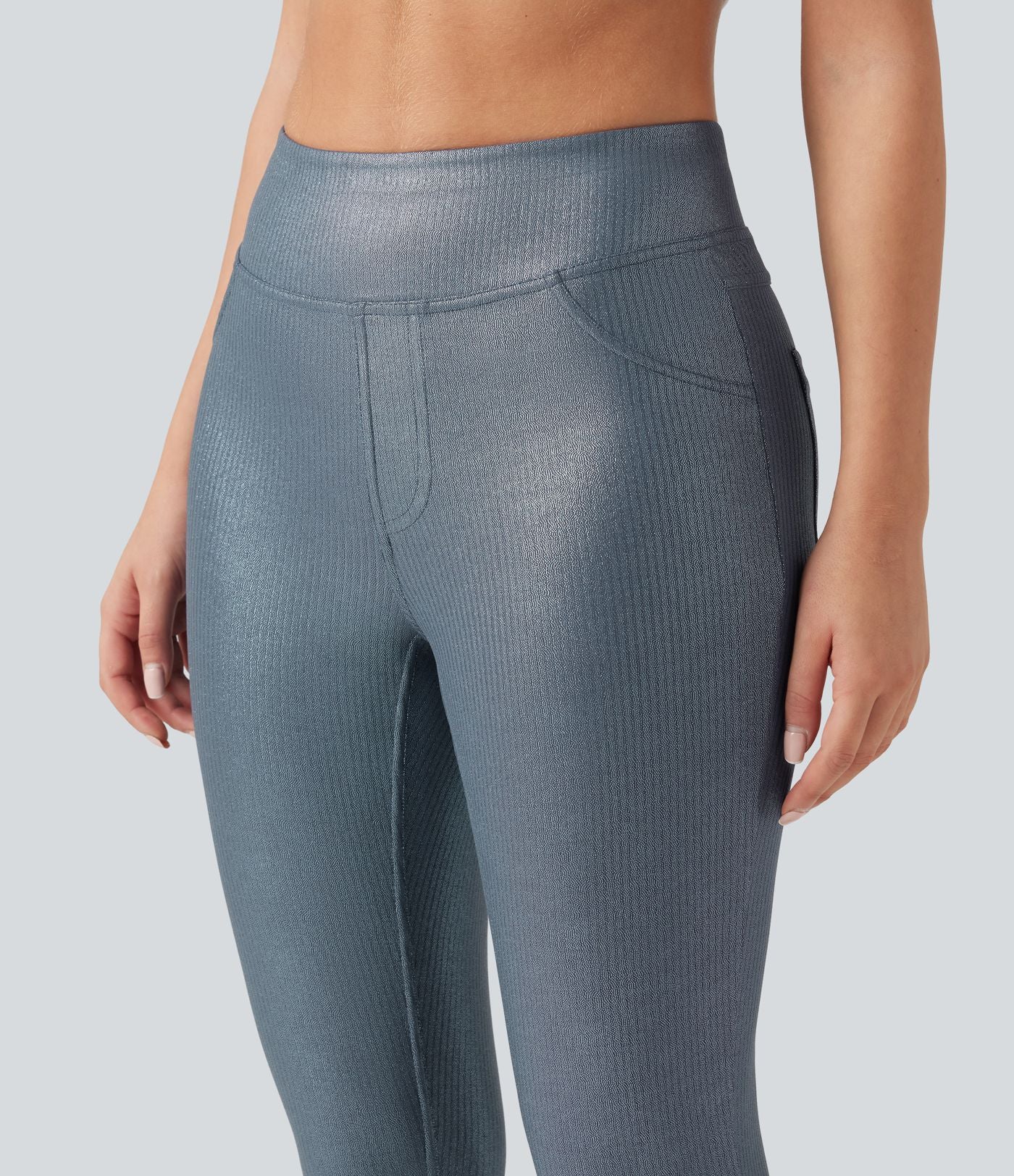 Leggings de yoga taille haute en maille côtelée avec imprimé métallisé et poches