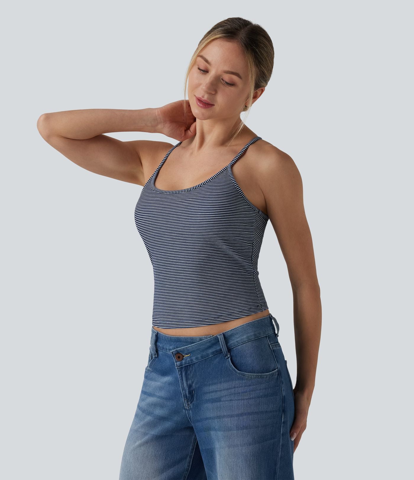 Top débardeur denim décontracté Halara Flex™ col U brassière intégrée rayé