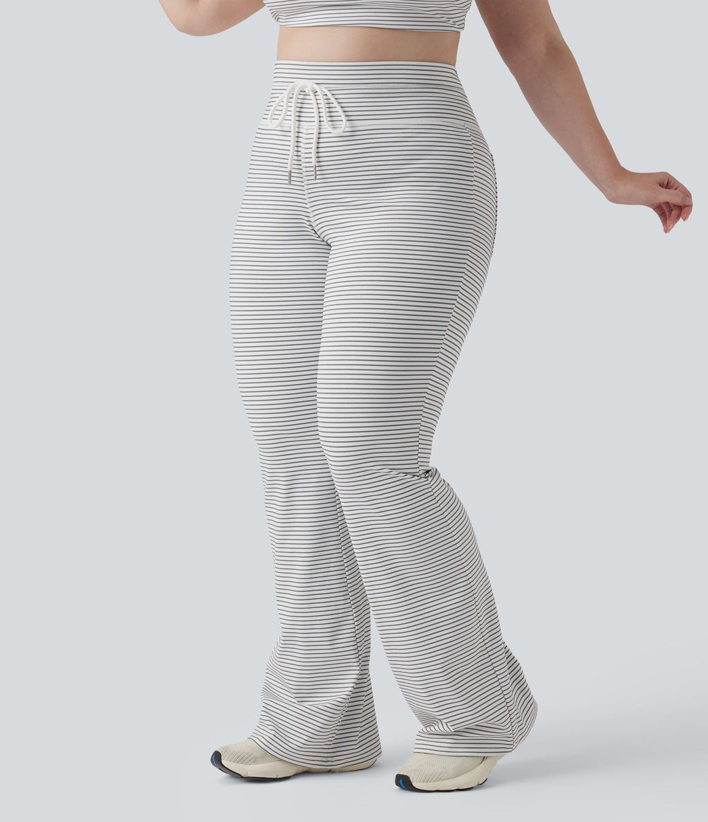Pantalon de yoga grande taille ample taille haute à cordon, rayé, avec poches