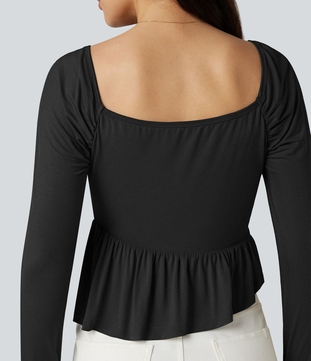 T-shirt décolleté carré à manches longues avec ourlet à volants