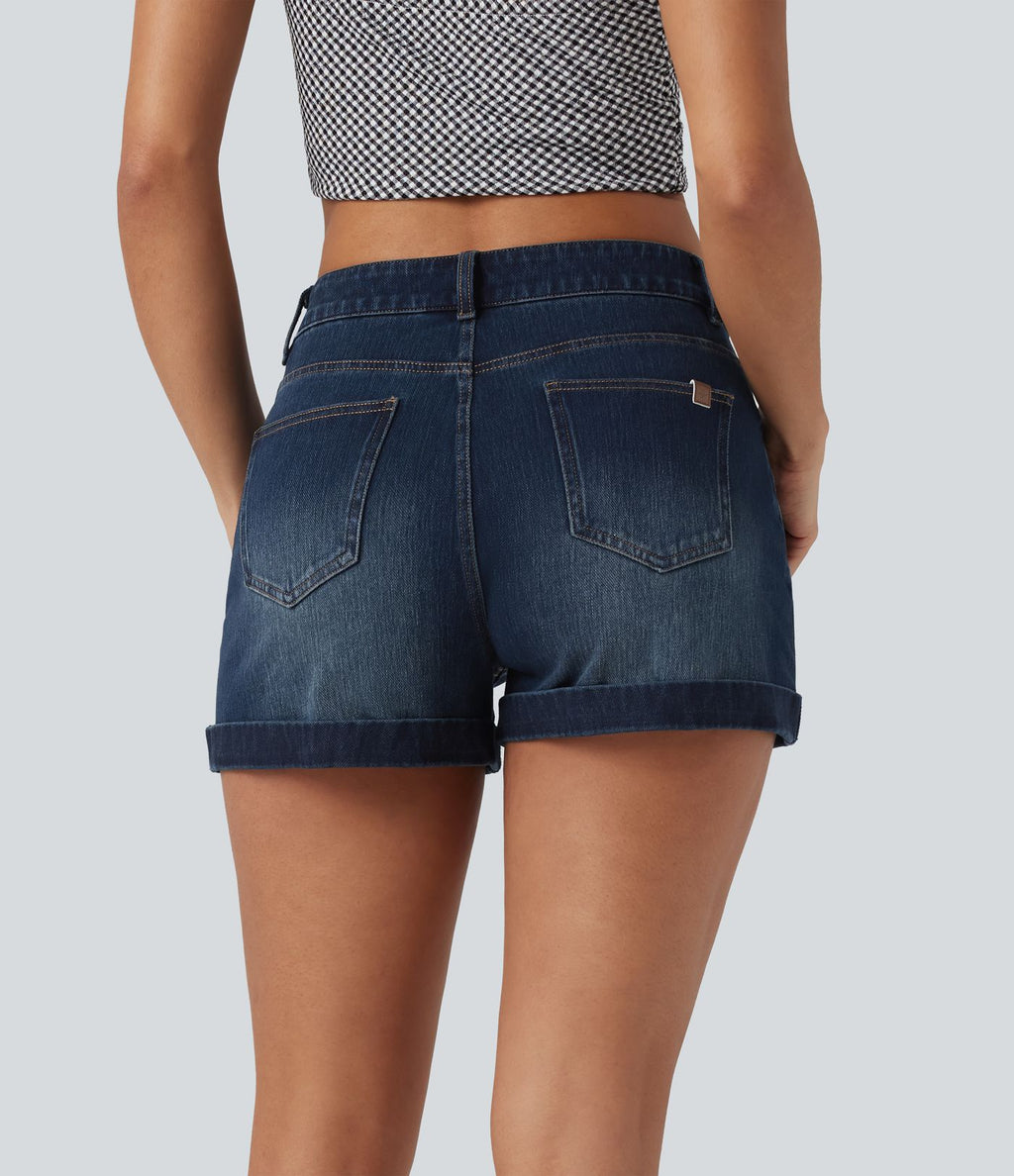 Short 7,5 cm décontracté en jean extensible Halara Flex™ taille moyenne avec boutons, zip et multiples poches