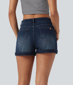 Short 7,5 cm décontracté en jean extensible Halara Flex™ taille moyenne avec boutons, zip et multiples poches