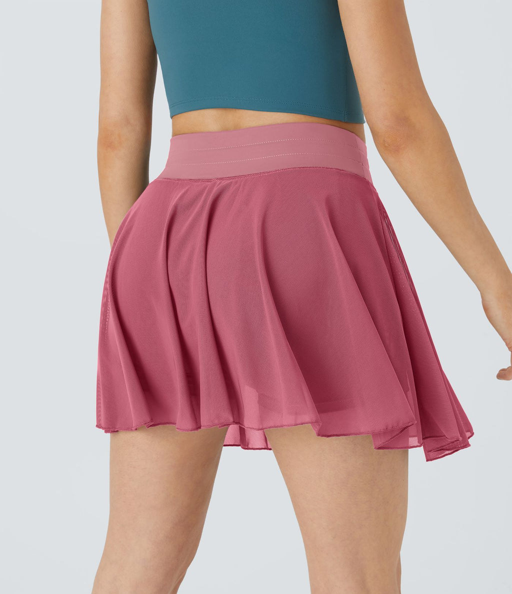 Jupe Casual Évasée Fluide 2 en 1 en Maille Contrastée Taille Haute Cordon de Serrage Poche Latérale
