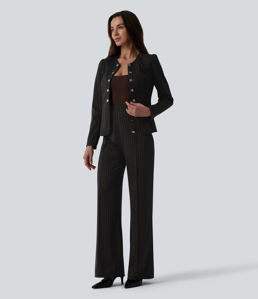 Pantalon tailleur large taille haute rayures avec poches