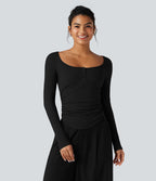 T-shirt tailleur côtelé col henley froncé ourlet arrondi manches longues