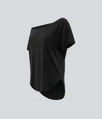 Top de sport yoga asymétrique à épaule dénudée manches courtes ourlet arrondi et coupe asymétrique à séchage rapide – Soutien-gorge intégré
