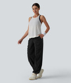 Pantalon running coupe droite taille haute à cordon de serrage et fronces séchage rapide avec poches