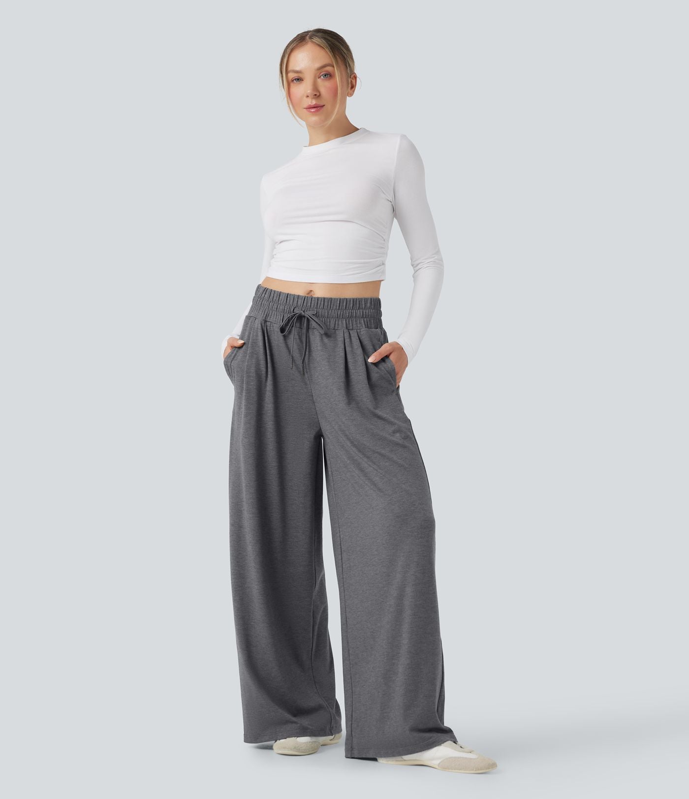 Pantalon large décontracté chiné taille mi-haute avec cordon et poches