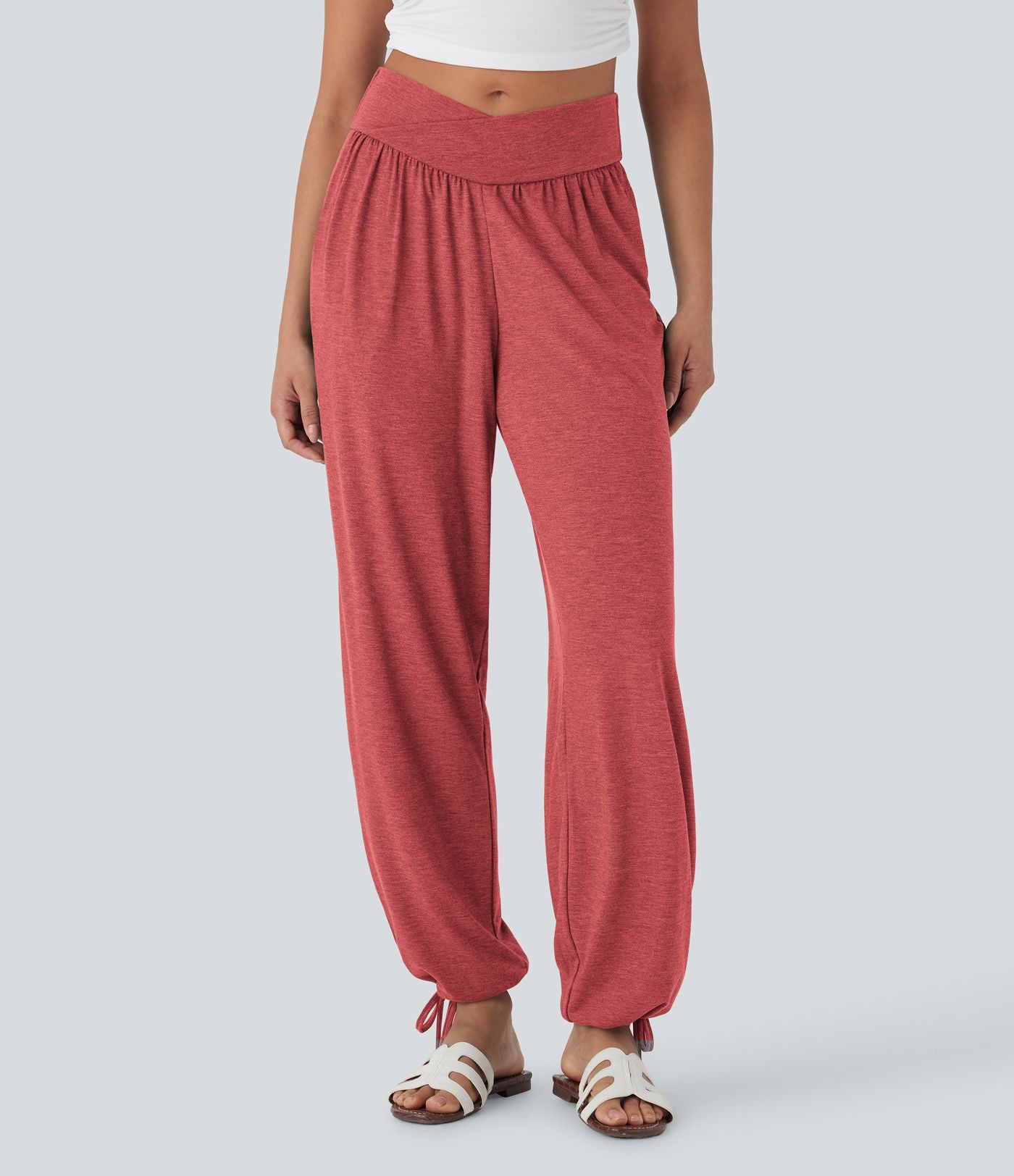 Pantalon de jogging décontracté à taille haute croisée avec poches latérales et cordon de serrage