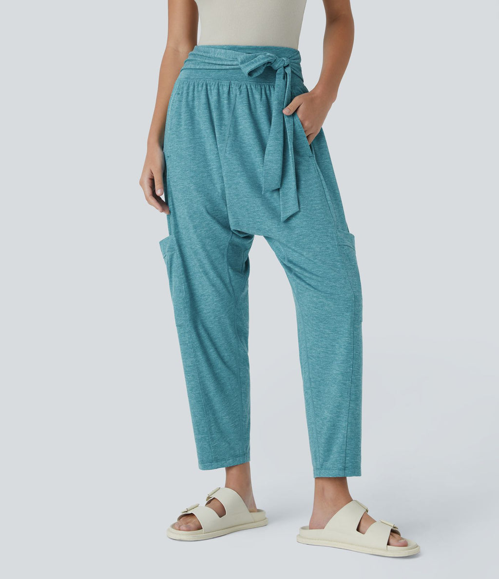 Pantalon Harem Casuak à Taille Mi-Haute avec Liens sur le Côté et Multiples Poches