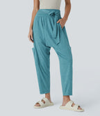 Pantalon Harem Casuak à Taille Mi-Haute avec Liens sur le Côté et Multiples Poches