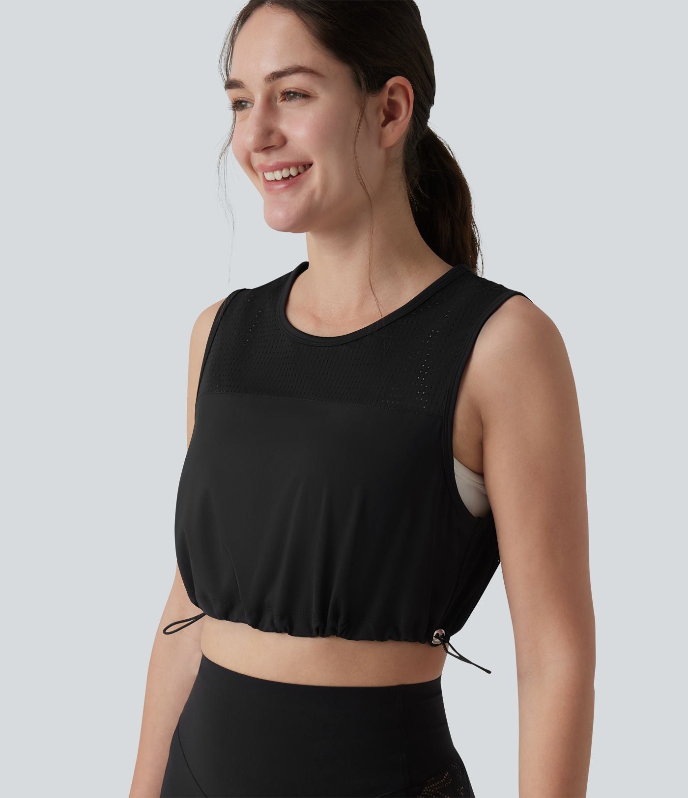 Débardeur yoga court col rond mesh respirant avec ourlet à cordon de serrage