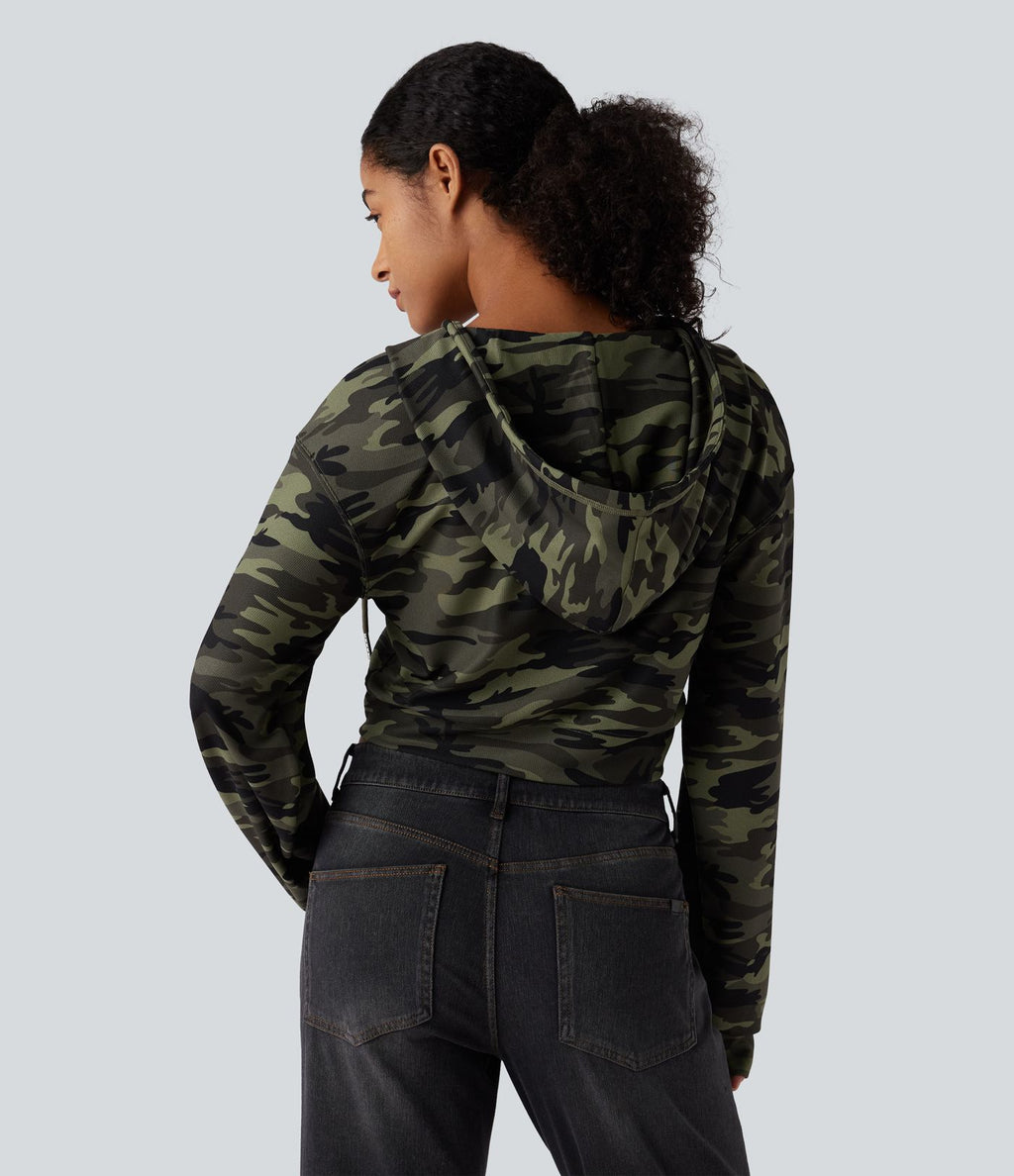 Sweat-shirt décontracté court à capuche, manches longues, motif camouflage et tissu gaufré