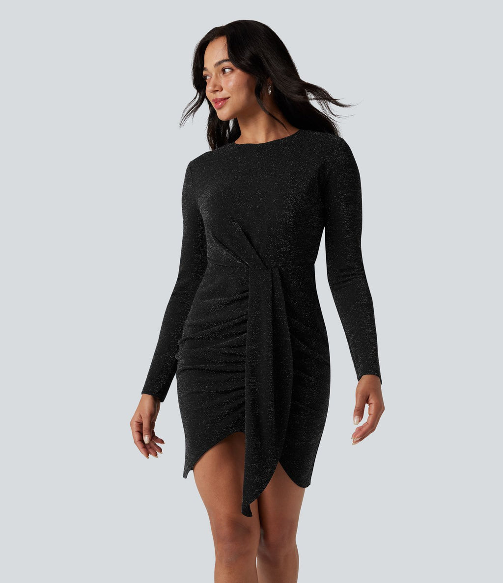 Robe mini manches longues, col rond, drapée, moulante, effet sparkle