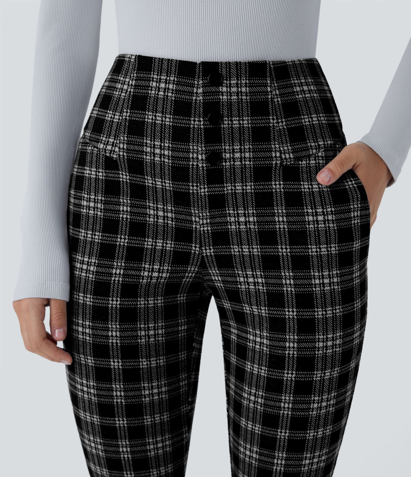 Halara Flex™ Pantalon tailleur Cintrés à Taille Haute avec Boutons Décoratifs Poches Latérales et Imprimé Pied-de-Poule