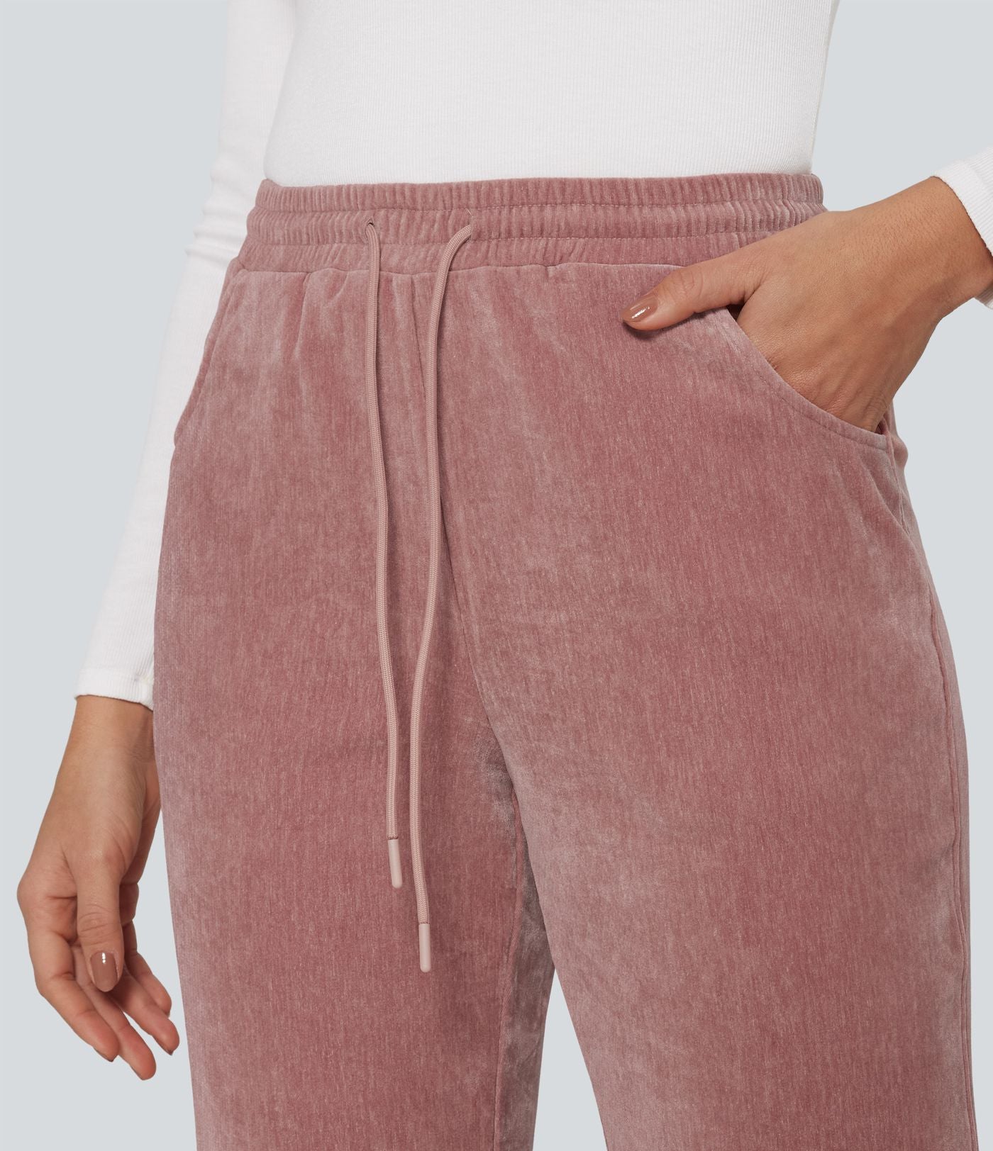 Pantalon de détente évasé en velours taille haute avec cordon de serrage et poches