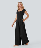 Combinaison de yoga Softlyzero™ Airy Cool Touch à col cranté, manches courtes, jambes larges et poches latérales - Édition Easy Peasy