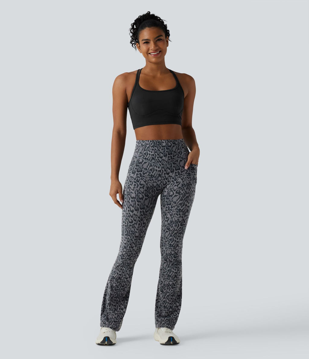 Legging de yoga bootcut taille haute gainant effet push-up imprimé léopard Halara UltraSculpt™ avec poches