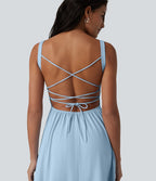 Robe fluide midi de villégiature sans manches, encolure carrée, dos nu croisé, fronces et soutien-gorge intégré