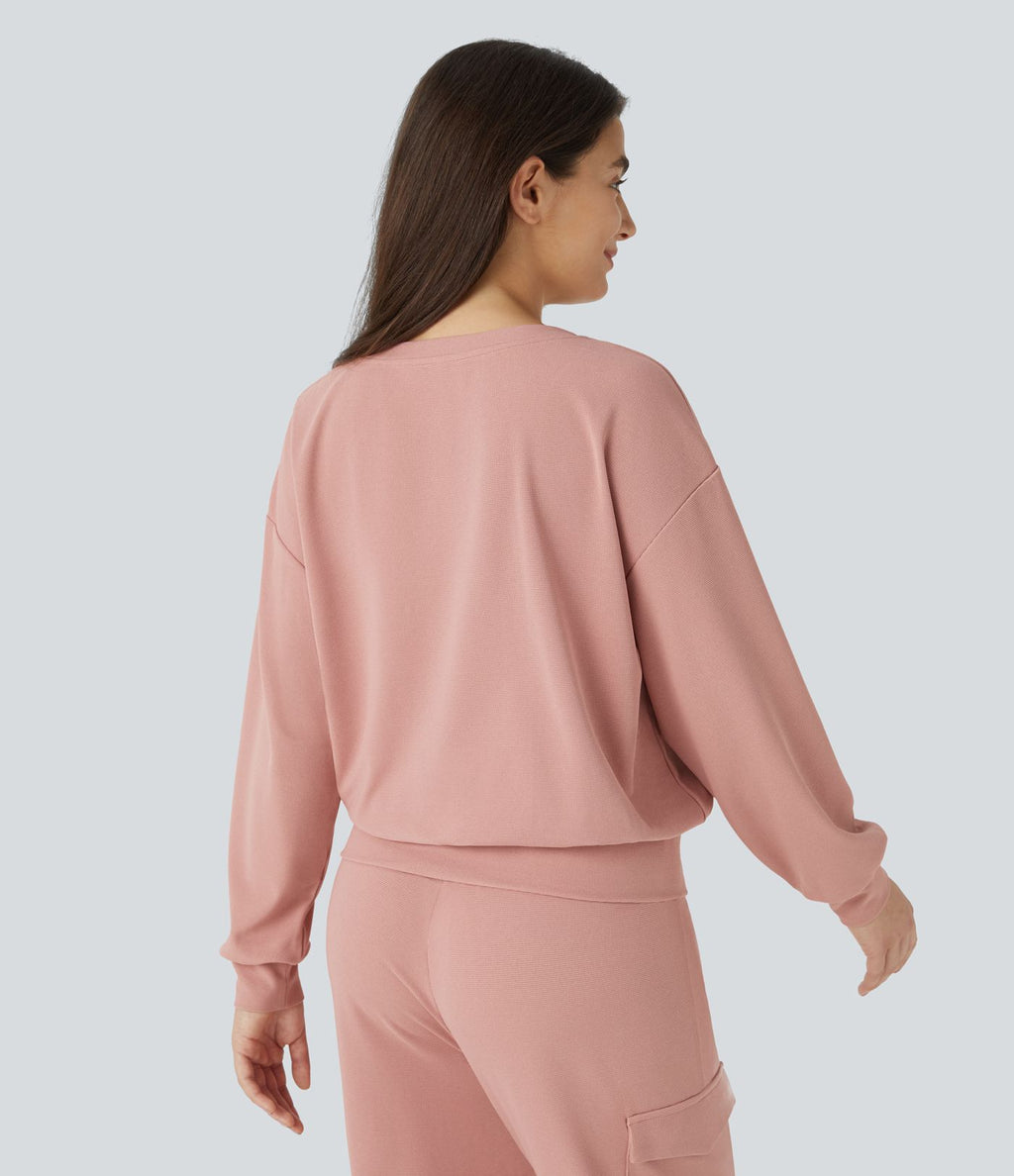 Sweatshirt Casual en Tissu Gaufré à Col en V et Manches Longues Épaules Tombantes