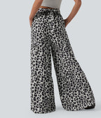 Pantalon ample décontracté taille mi-haute avec nœud devant imprimé léopard avec poches