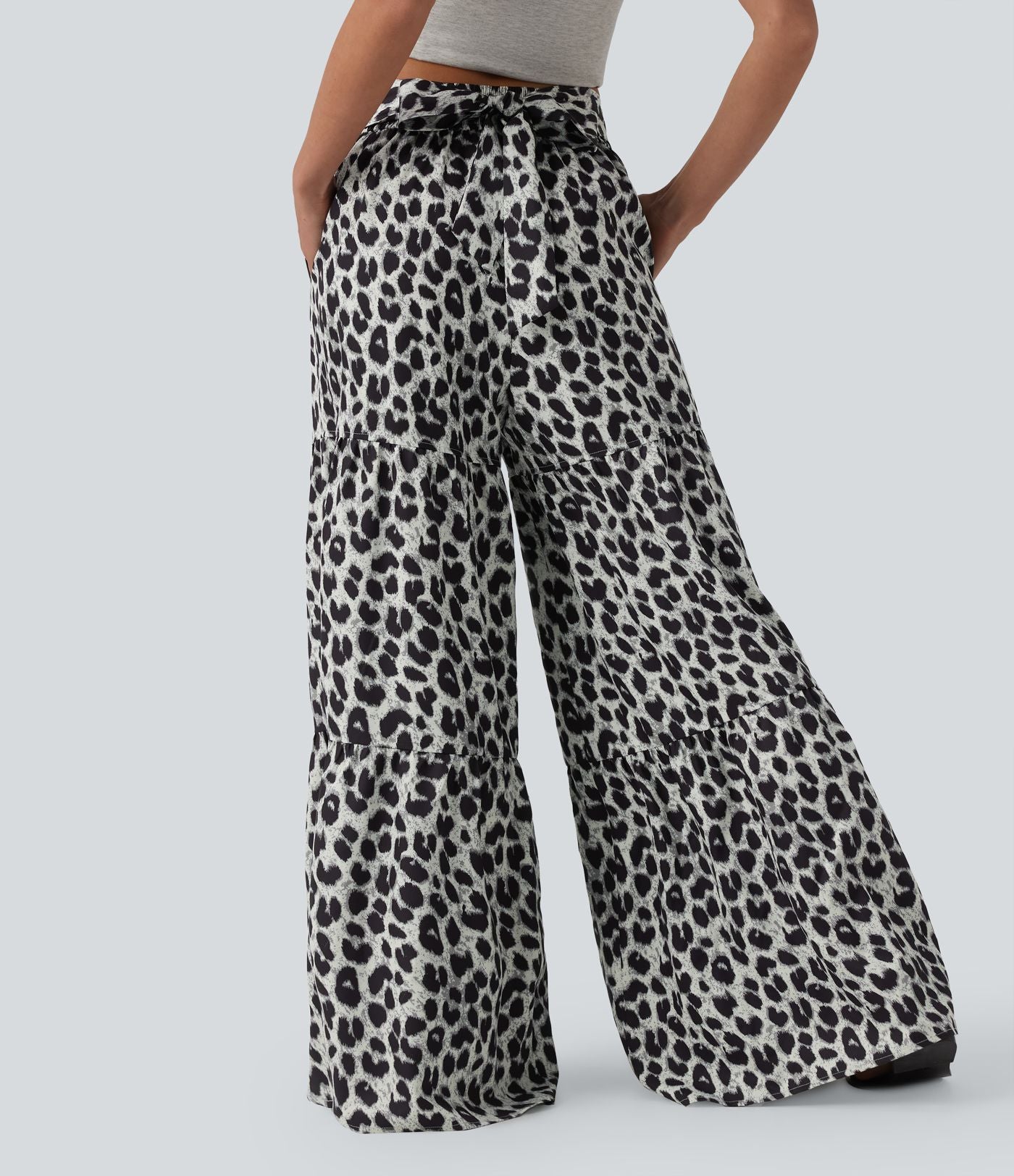 Pantalon ample décontracté taille mi-haute avec nœud devant imprimé léopard avec poches