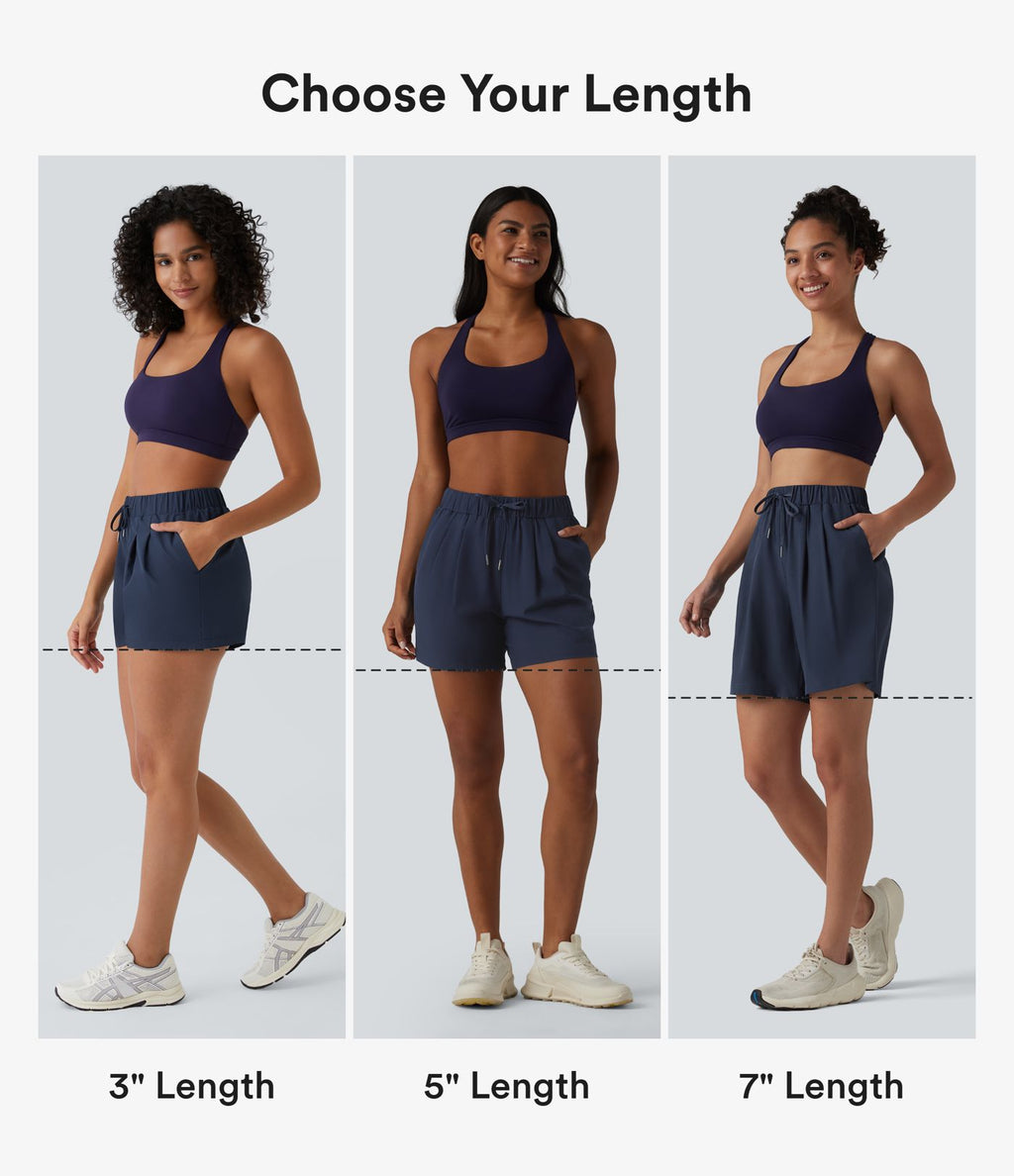 Short de yoga plissé taille haute avec ceinture élastique, cordon de serrage et poches 17,5 cm