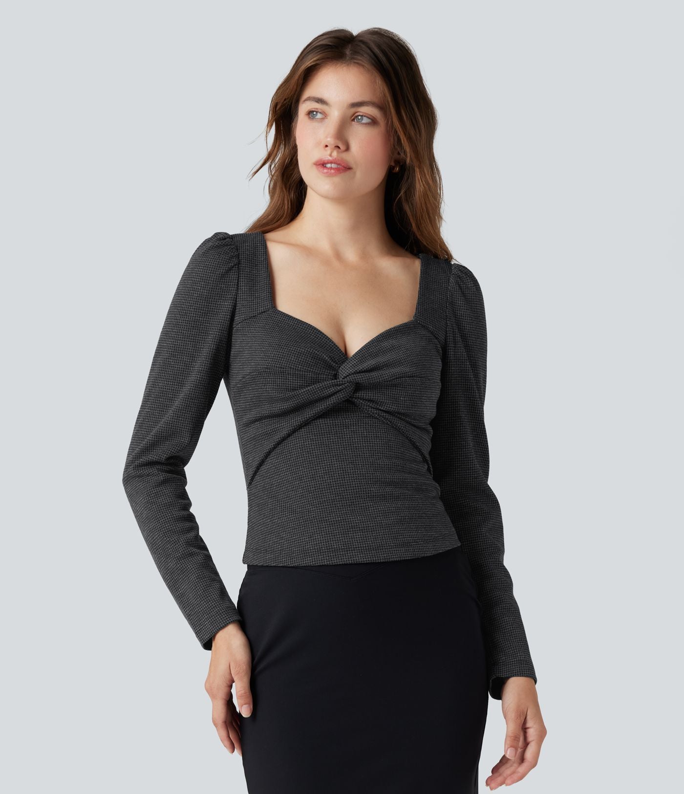 T-shirt tailleur pied-de-poule col Queen Anne manches longues