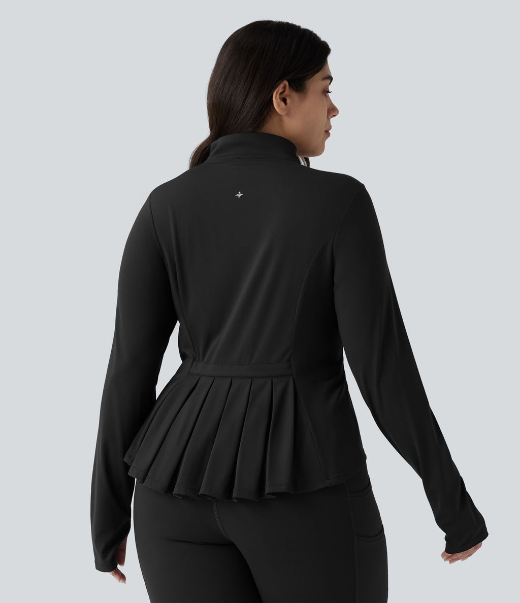 SoftlyZero™ Veste de randonnée grande taille ajustée zippée plissée à col montant avec passants pouces et poches - UPF50+