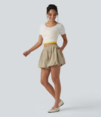Short bouffant casual taille mi-haute en popeline extensible avec poches