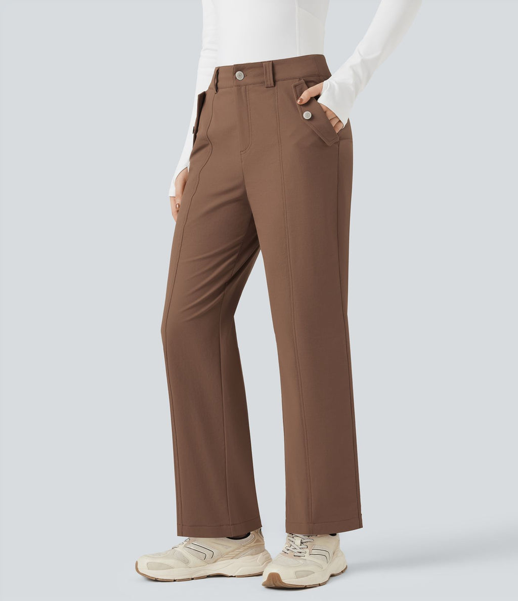 Pantalon de randonnée droit déperlant taille mi-haute avec poches