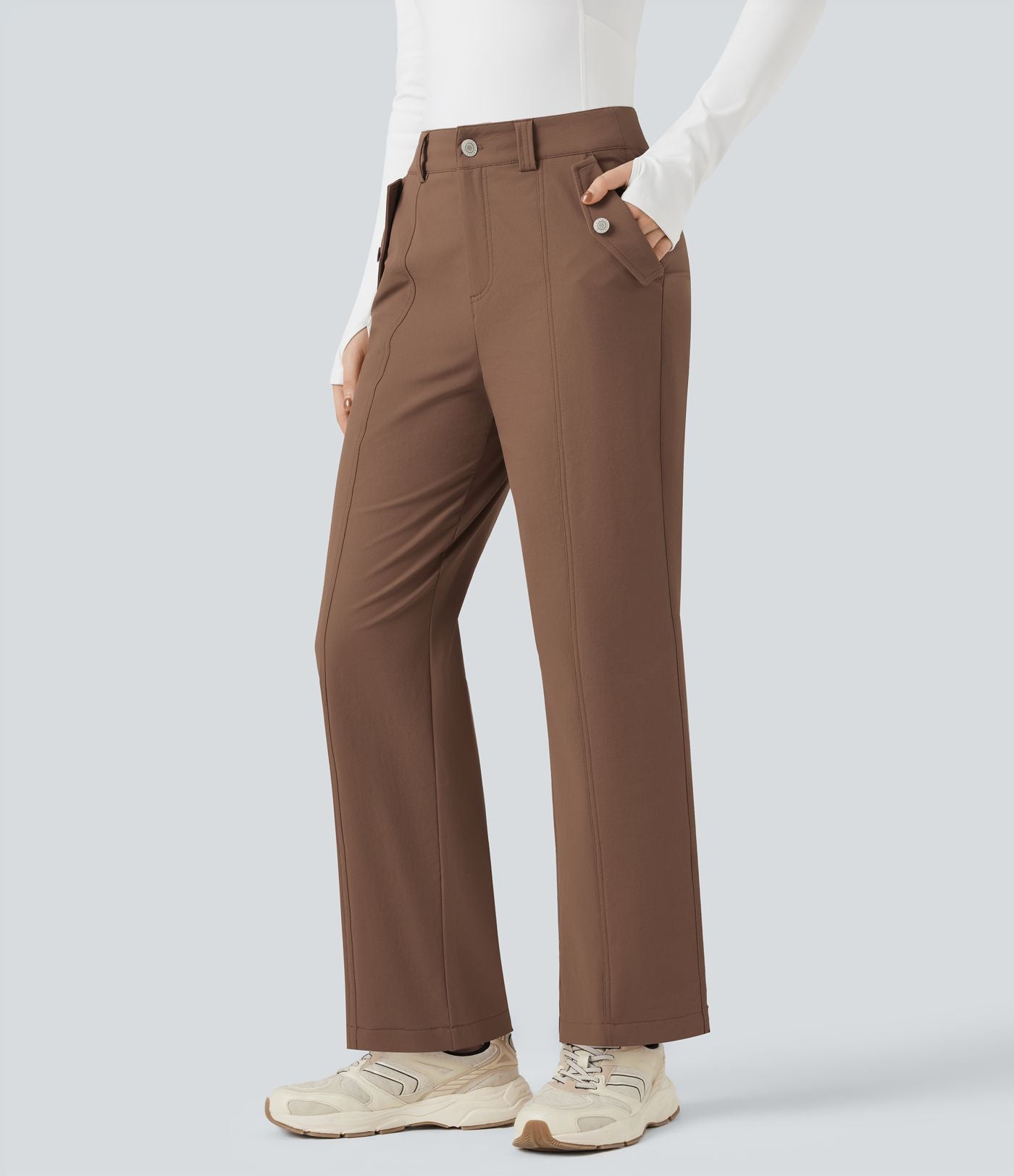 Pantalon de randonnée droit déperlant taille mi-haute avec poches