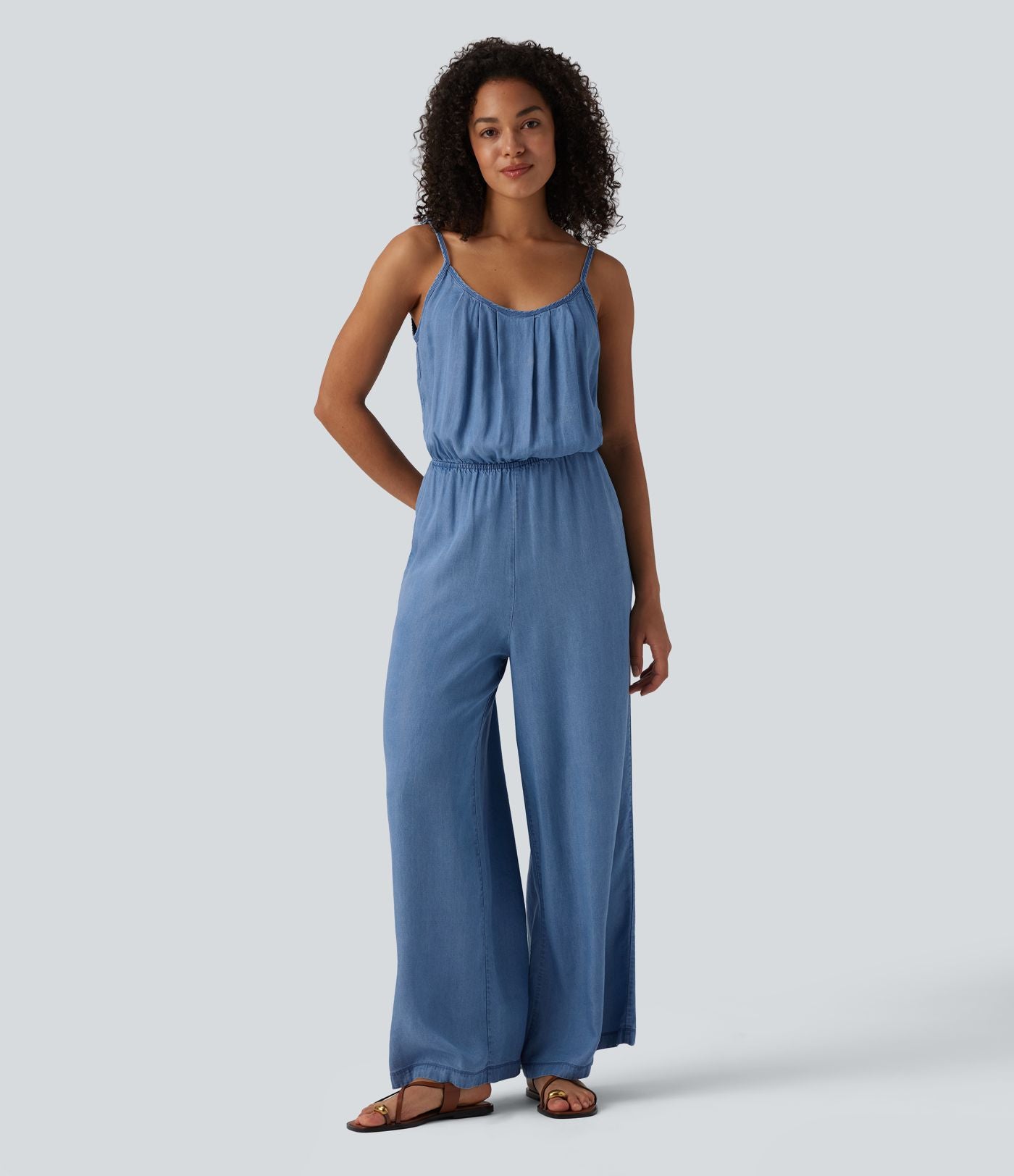 Combinaison en jean casual en lyocell à jambes larges avec poches, style enfilable